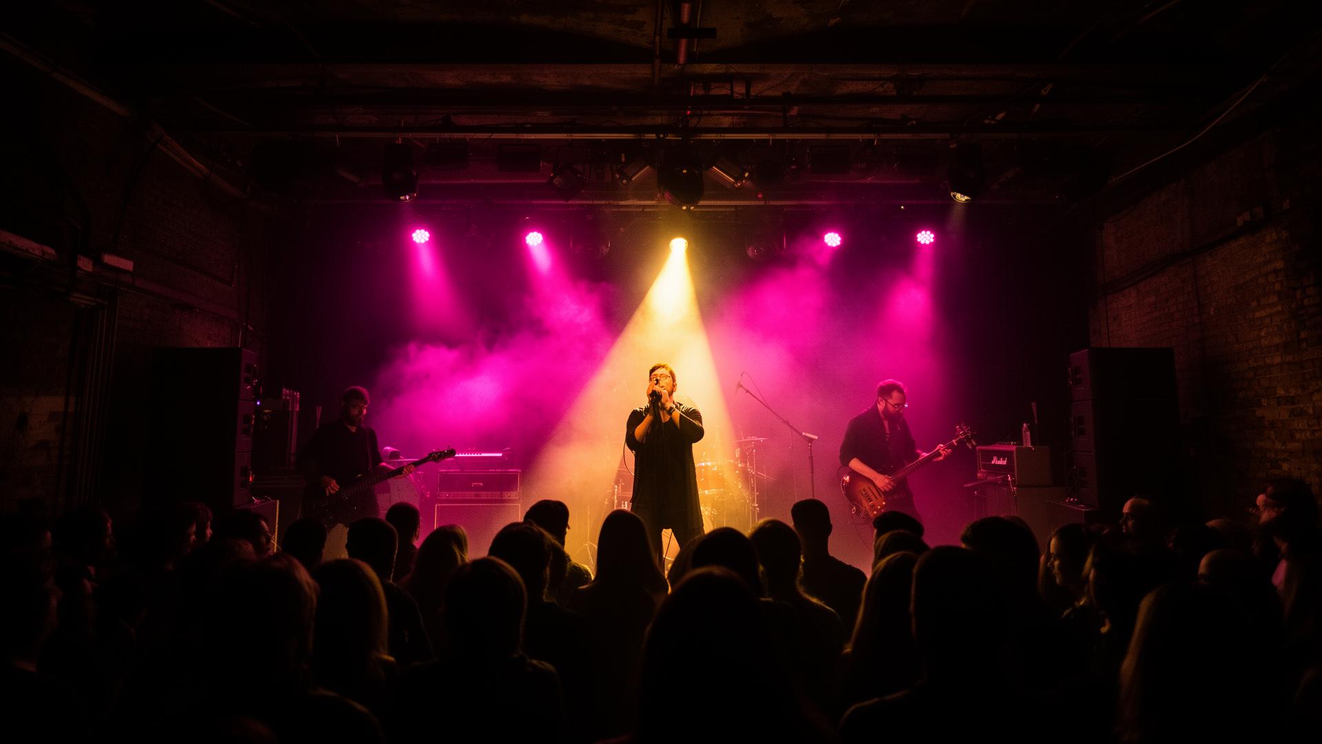 Live band performing at Soho Live venue with dramatic stage lighting